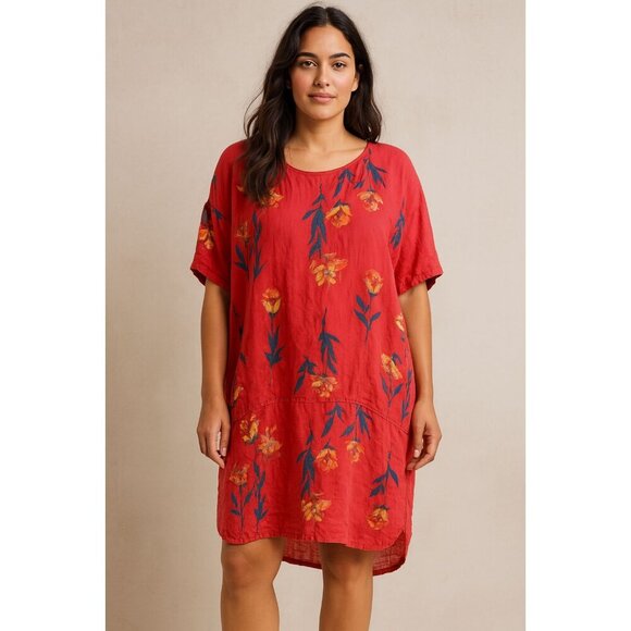 Coldwater Creek Midi 100% Linen Dress Floral Cottagecore Lagenlook Artsy Boho LP - Picture 1 of 6